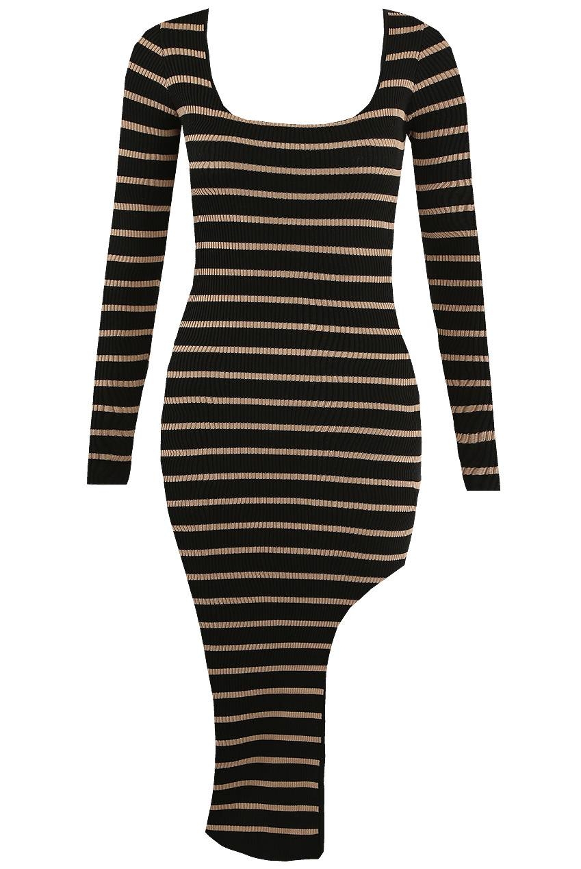 Striped Square Neck Side Slit Midi Dress - Black