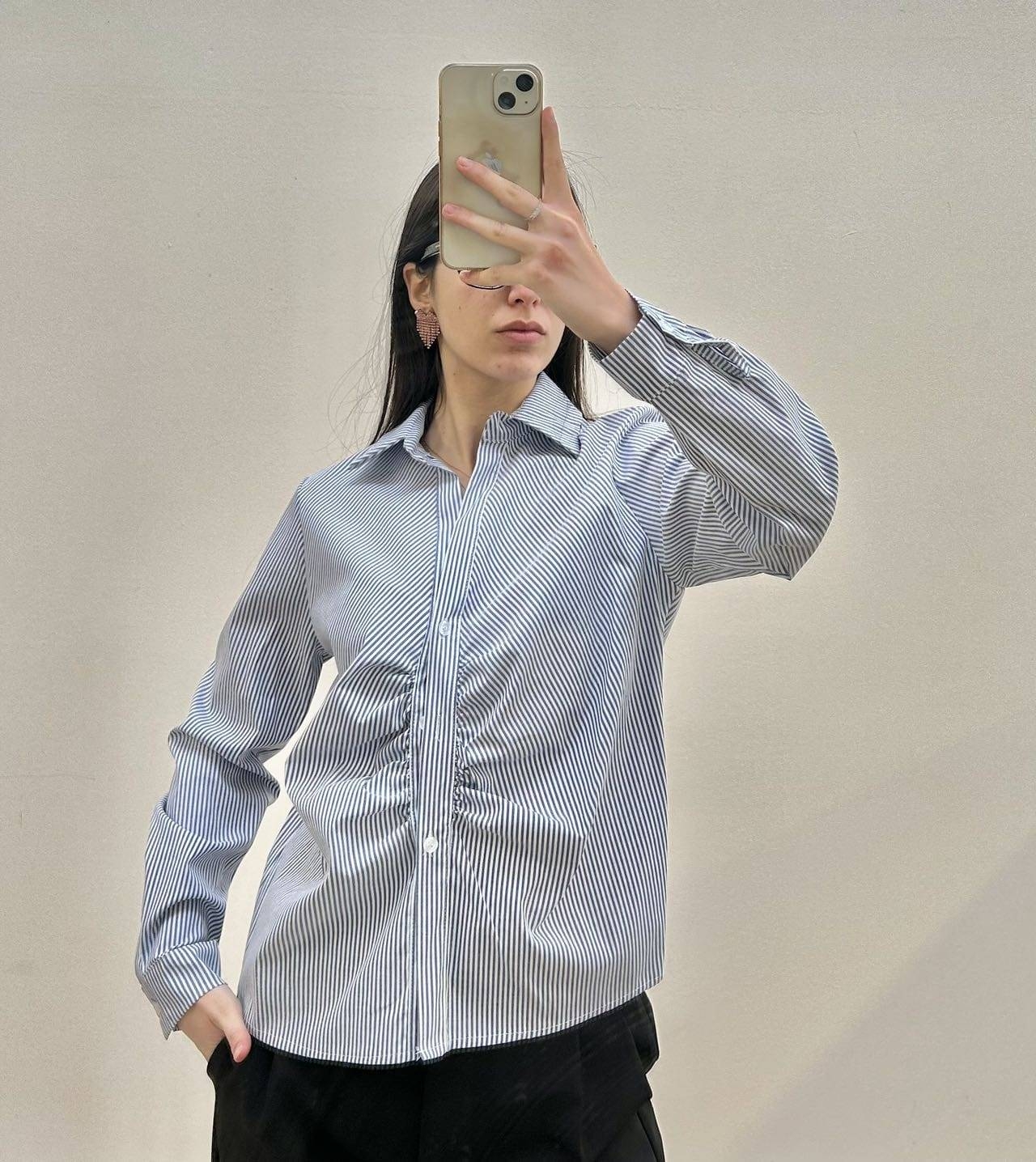 Striped Ruched Shirt - Sky Blue