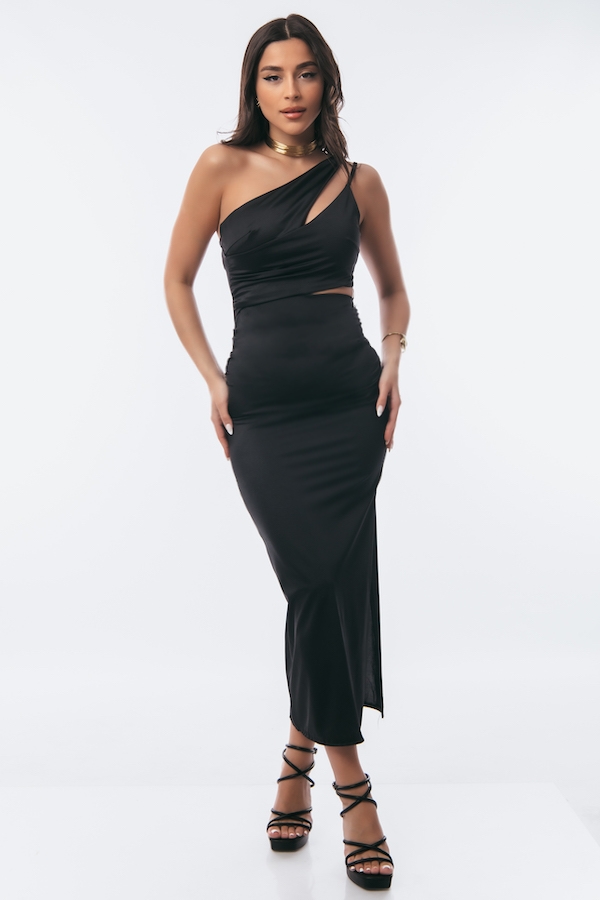 Elegant One-shoulder Satin Long Dress - Black
