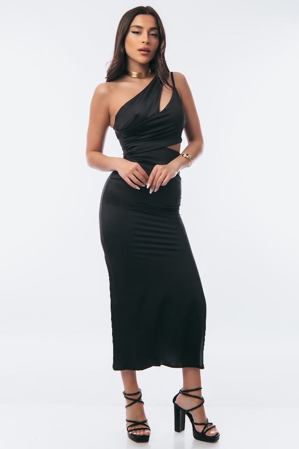 Elegant One-shoulder Satin Long Dress - Black