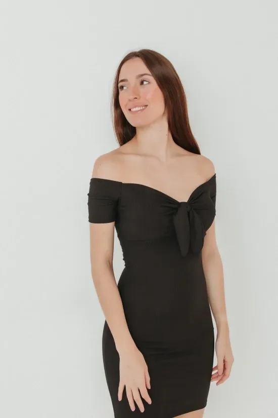 Off Shoulder Ribbed Dress - Black