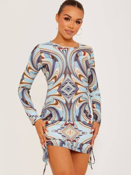 Marble Print Ribbed Ruched Dress - Sky Blue