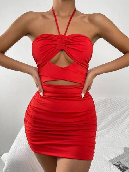 Slinky Halterneck Ruched Dress - Red