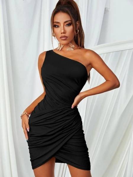 One Shoulder Slinky Ruched Dress - Black