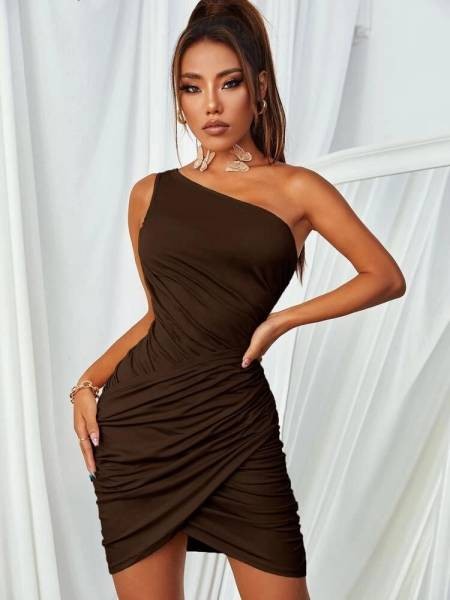 One Shoulder Slinky Ruched Dress - Brown
