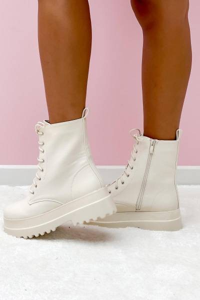 Lace Up Ankle Boots - Beige