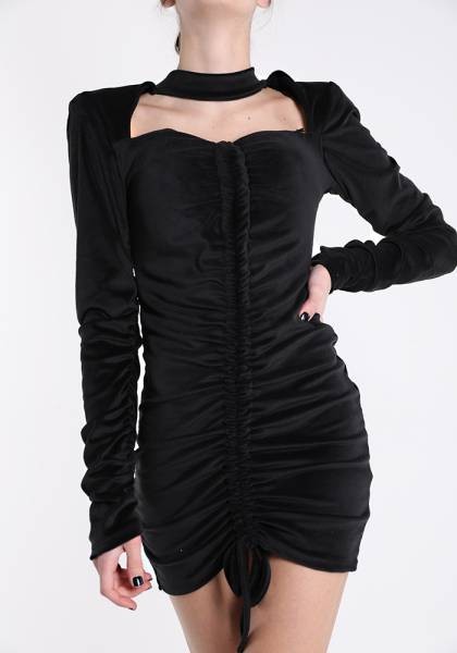 Velvet Ruched Dress - Black