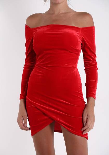 Off Shoulder Velvet Dress - Red