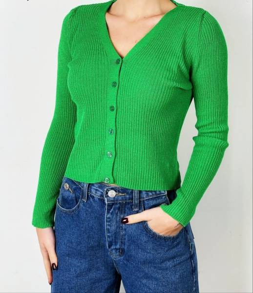 V-neck Cardigan with Buttons - Green