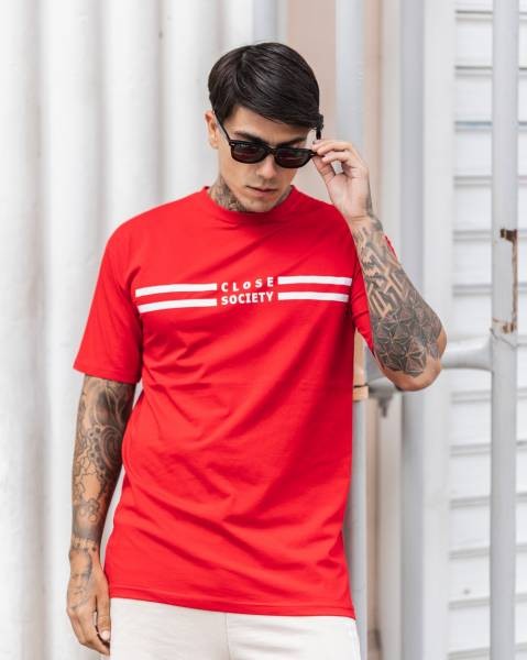 Close Society Striped Logo T-shirt - Red