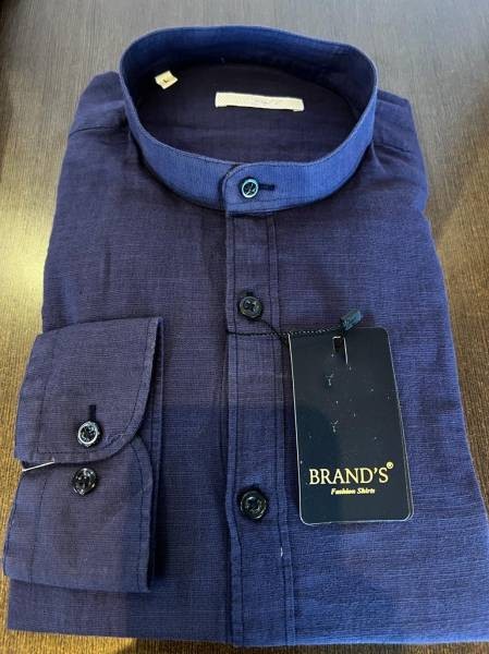 Mao Collar Linen Shirt - Blue
