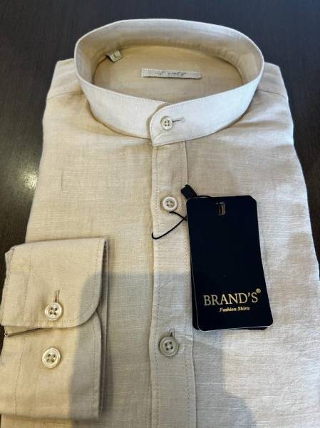 Mao Collar Linen Shirt - Beige