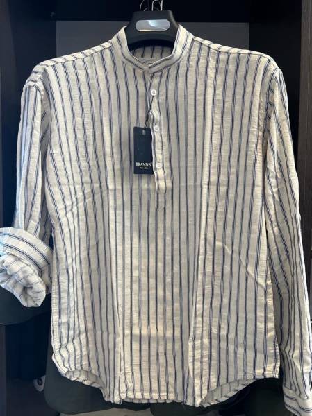 4-Button Mao Collar Linen Striped Shirt - Beige
