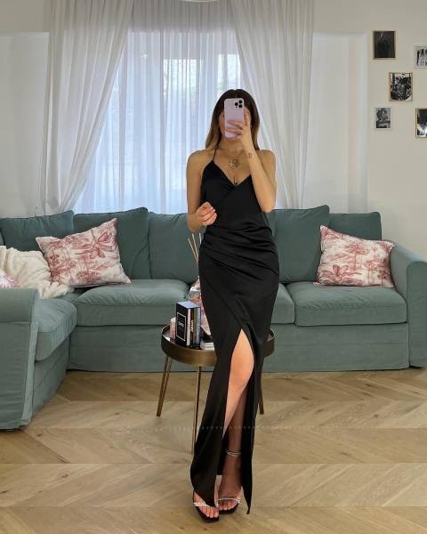 Elegant Satin Maxi Dress - Black