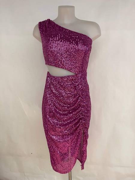 Sequin Waist Cut Out Midi Dress - Fuchsia