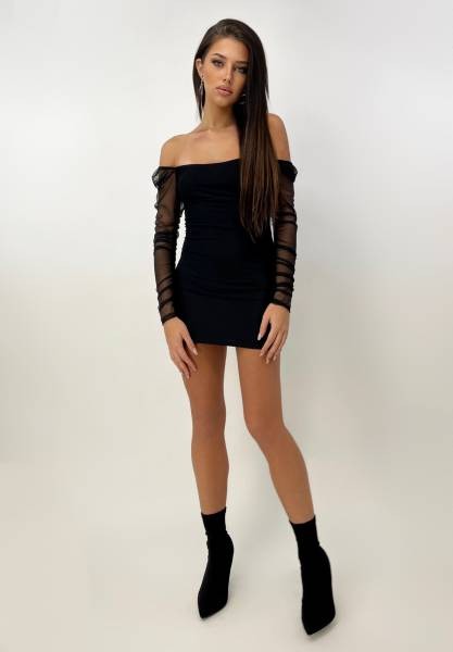 Mesh Sleeves Mini Dress - Black