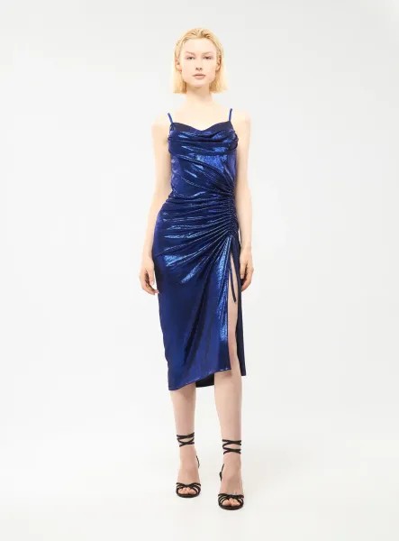 Shimmer Lame Cowl Neck Ruched Dress - Royal Blue