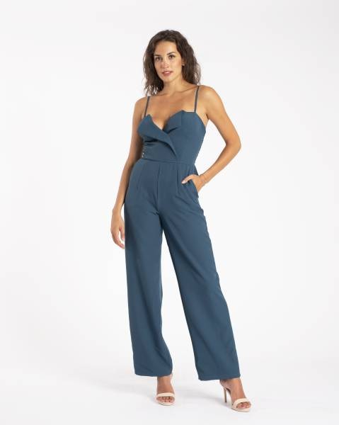 Strappy Back Shirred Long Jumpsuit - Petrol
