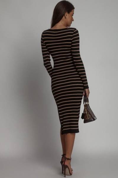 Striped Square Neck Side Slit Midi Dress - Black