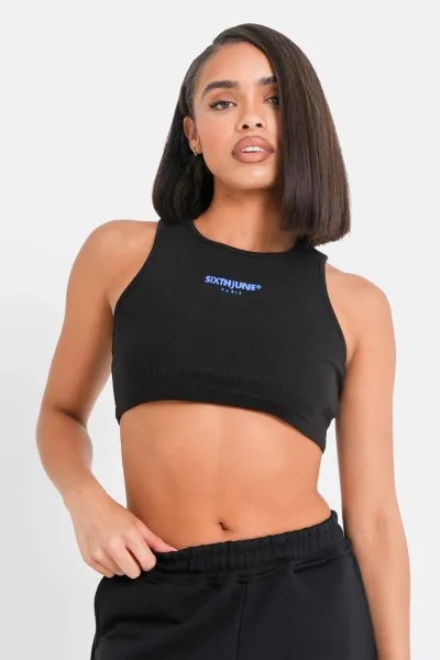 Sixth June Embroidered Logo Cropped Top - Black