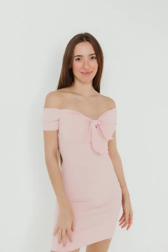 Off Shoulder Ribbed Dress - Pink