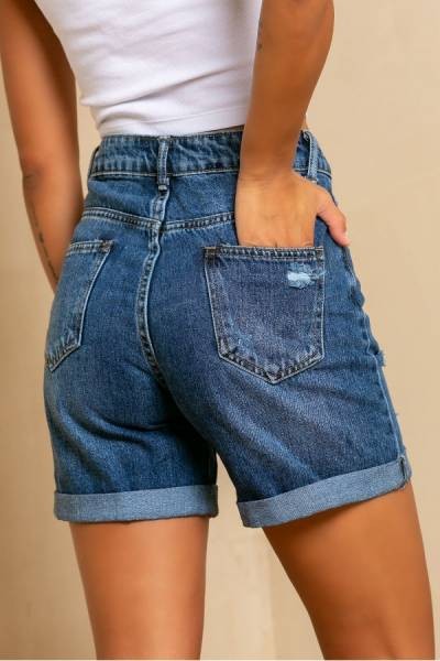 Ripped Denim Shorts with Belt - Blue