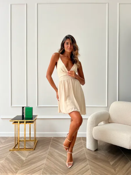 Chiffon V Neck Lace Insert Dress - Beige