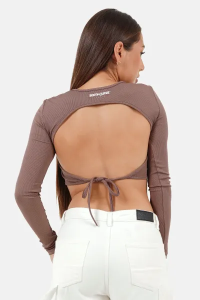 Sixth June Back Opening Long Sleeves Top - Camel