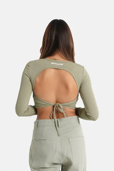 Sixth June Back Opening Long Sleeves Top - Khaki