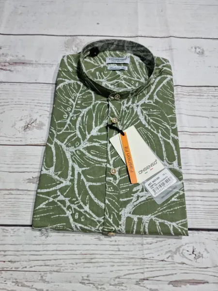Mao Collar Printed Shirt - Green