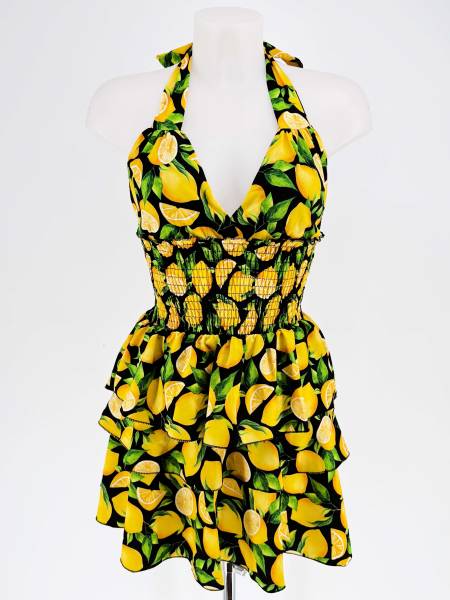Lemon Print Halterneck Mini Dress - Black