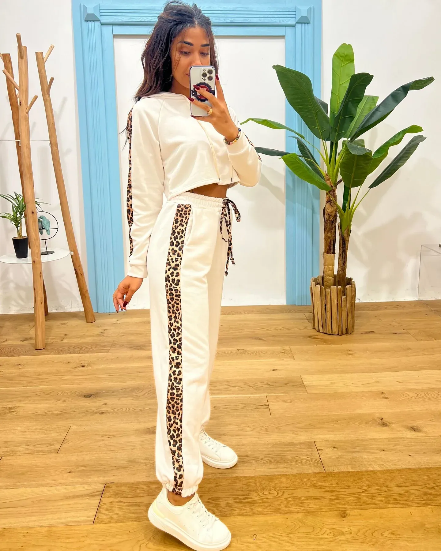 Animal Print Striped Hoodie - White