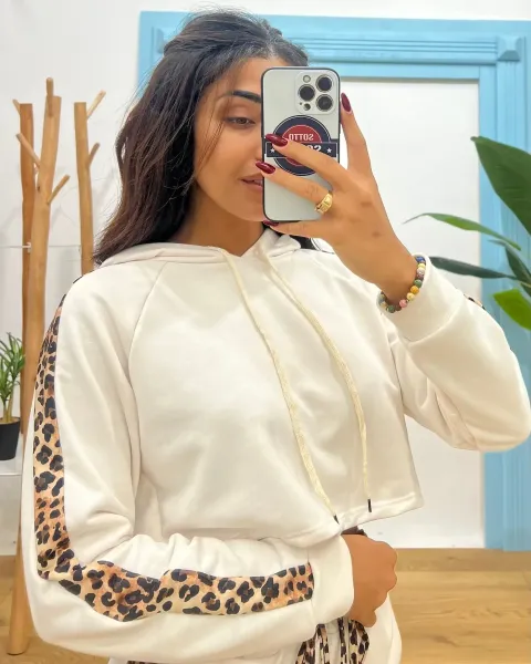 Animal Print Striped Hoodie - White