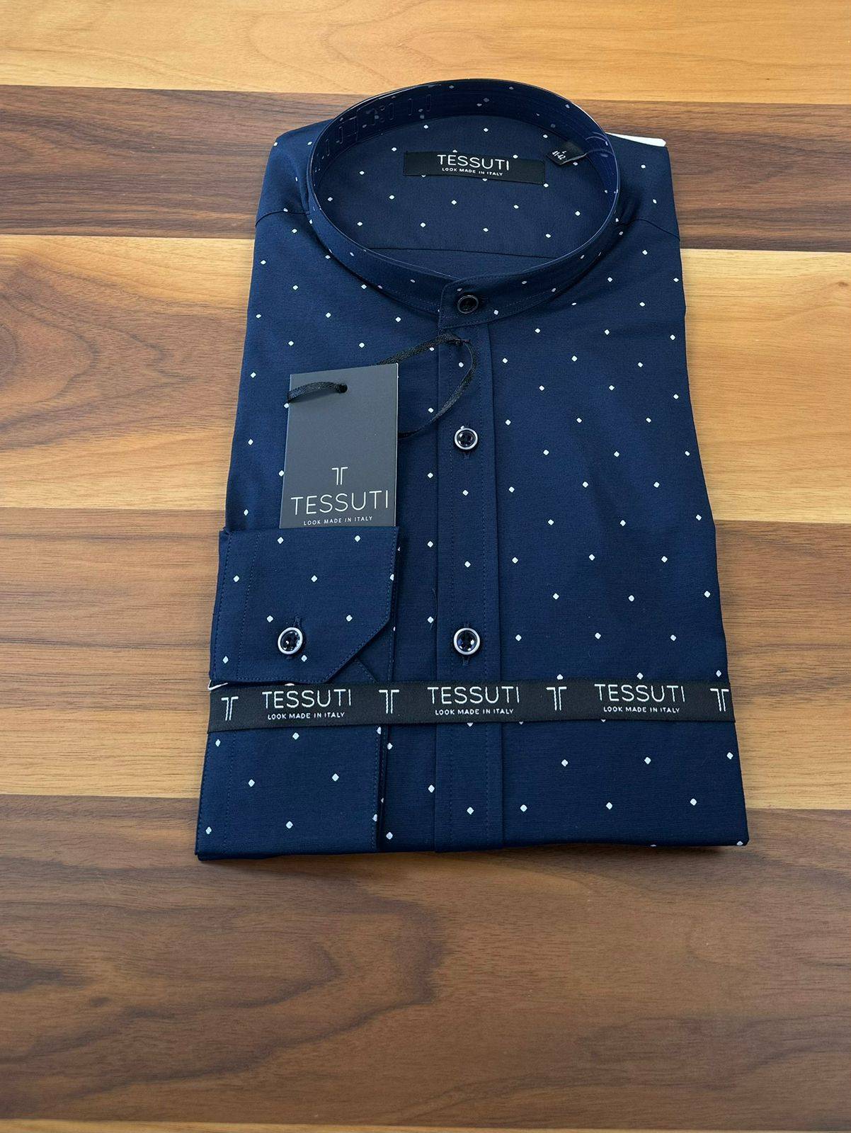 Mao Collar Mini Print Shirt - Blue