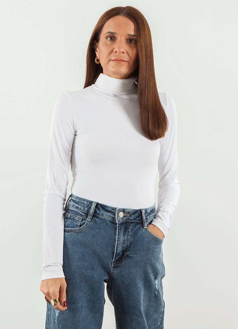 Long Sleeve Turtle Neck Bodysuit - White