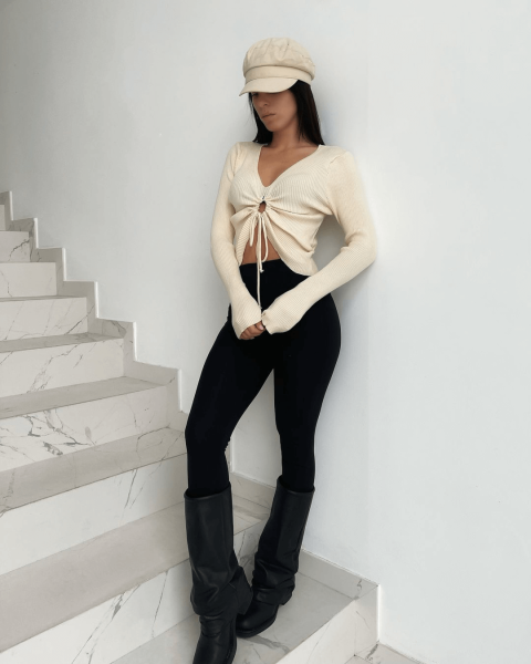 Ruched Knit Top - Beige