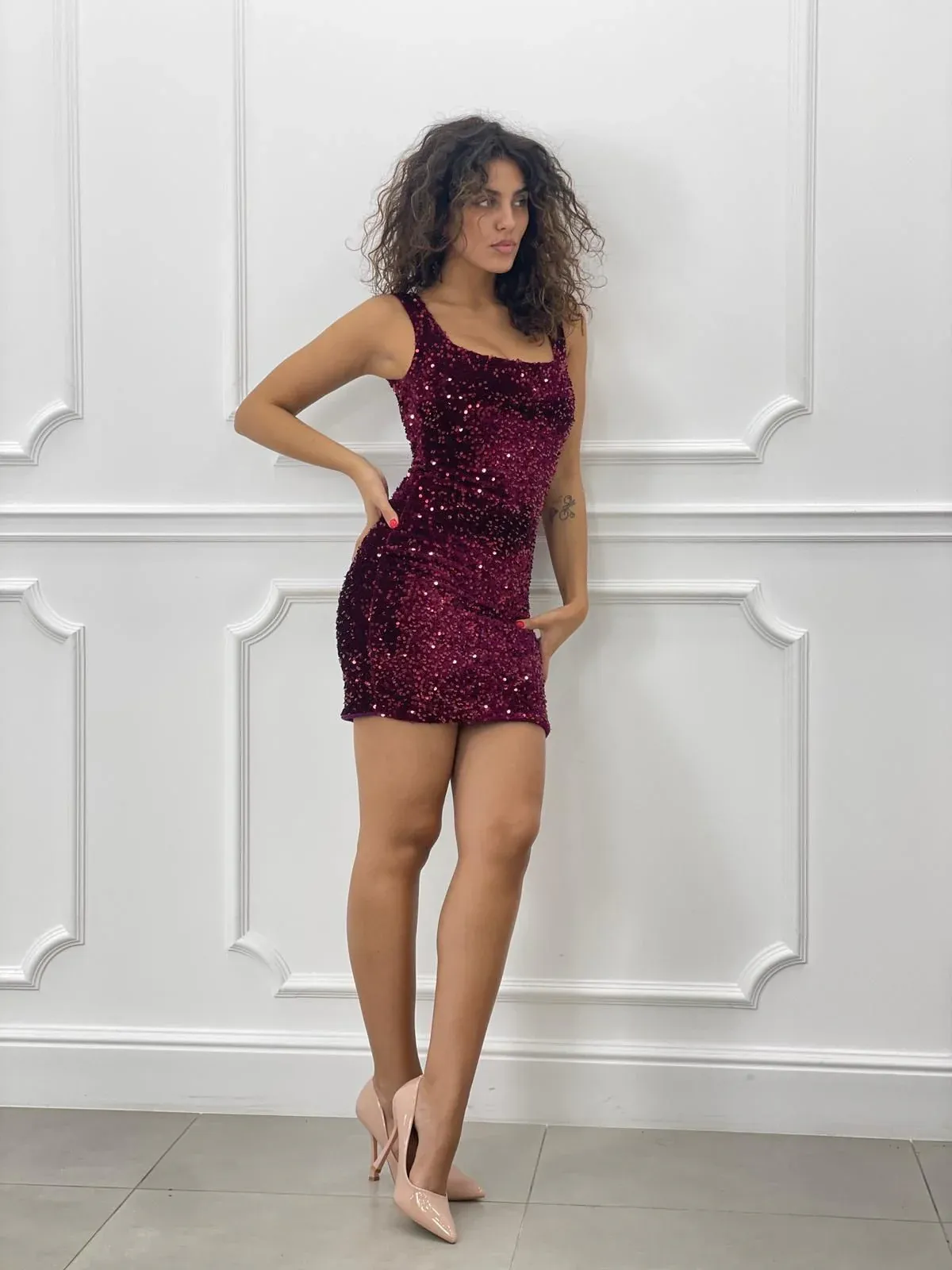 Sequin Sleeveless Dress - Bordeaux