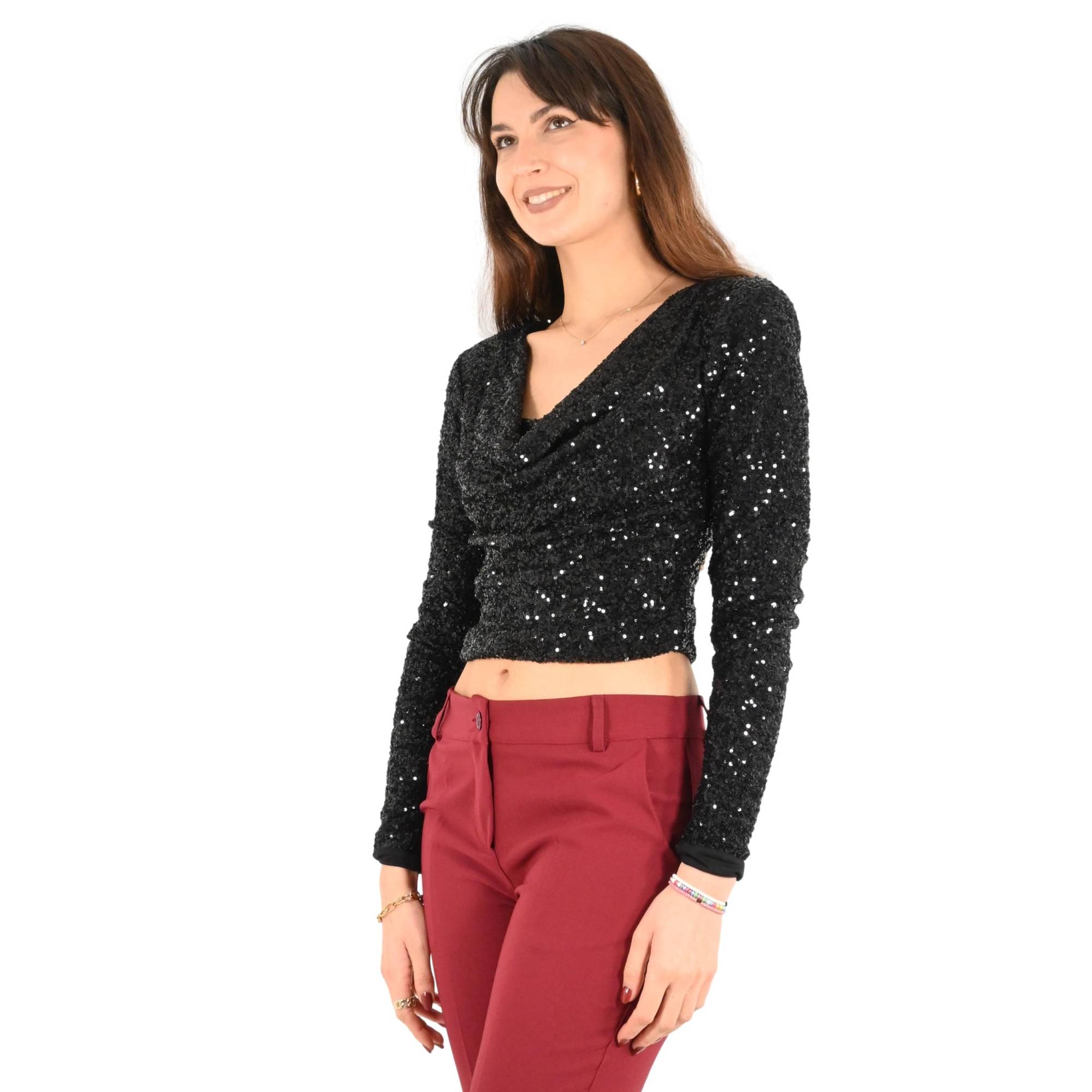 Cowl Neck Sequin Top - Black