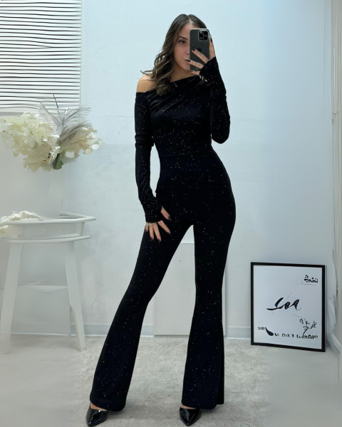 Shiny Flared Jumpsuit - Black