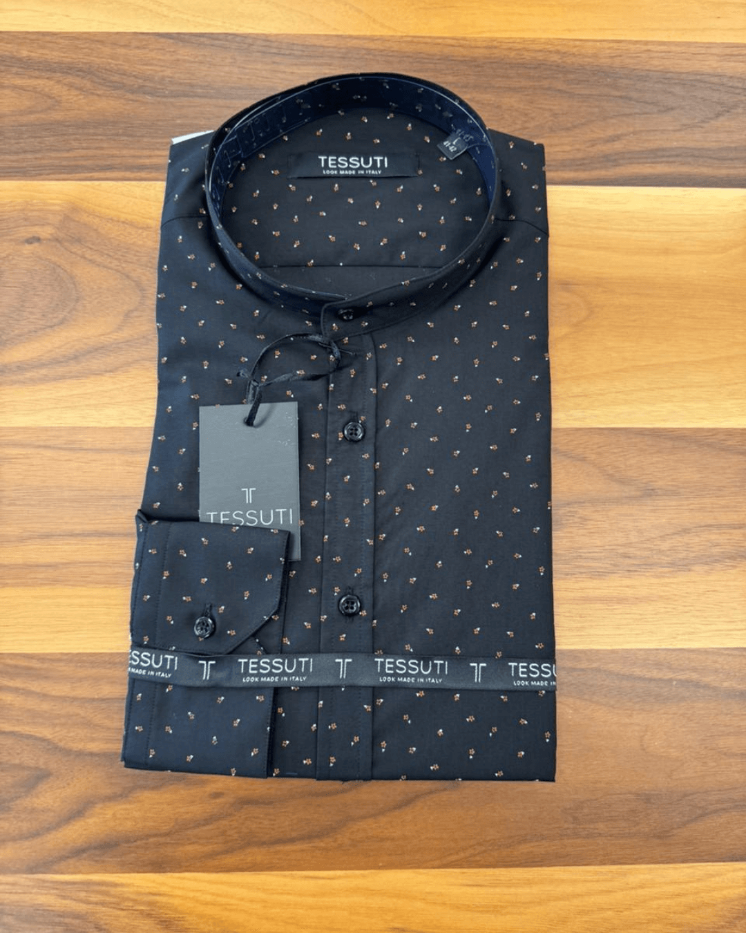 Mao Collar Mini Print Shirt - Black