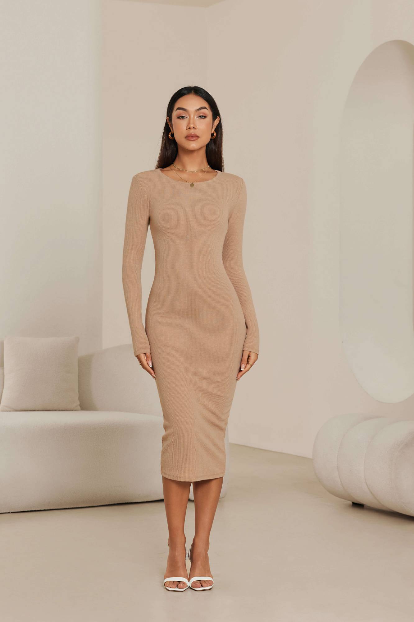 Long Sleeve Bodycon Dress - Beige
