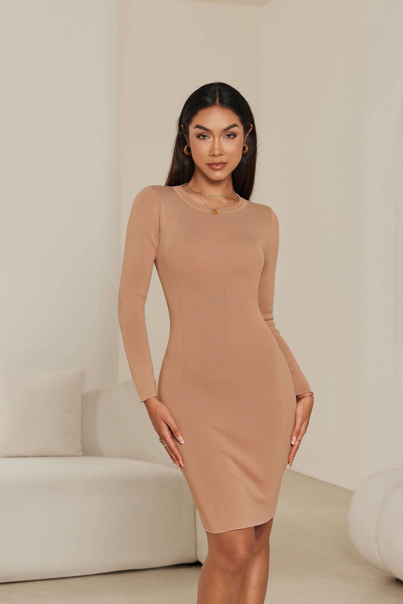 Plain Knit Dress - Beige
