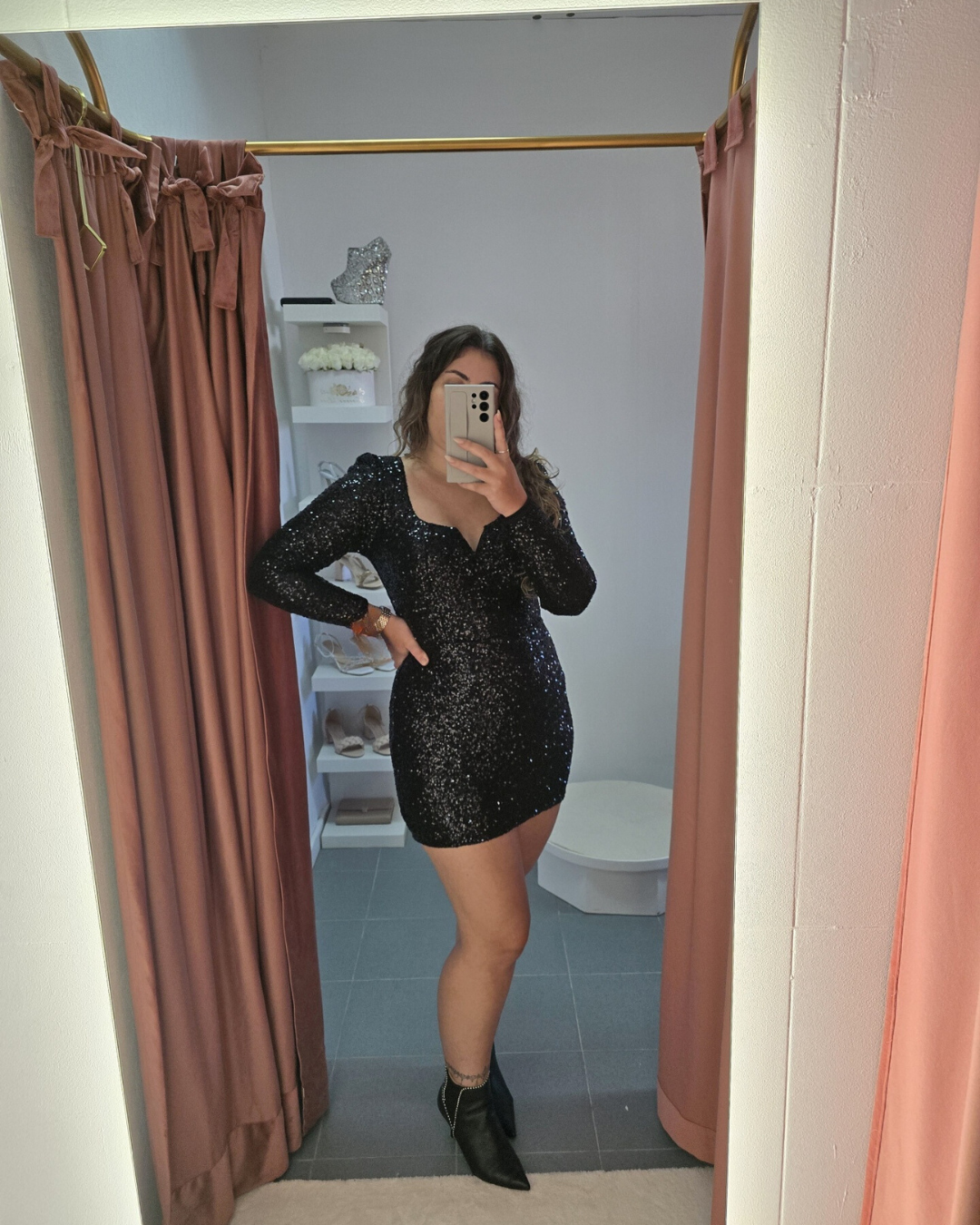 V Neckline Sequin Dress - Black