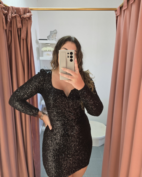 V Neckline Sequin Dress - Black