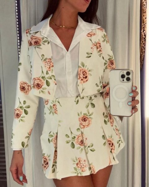 Floral Print Cropped Blazer Jacket - White