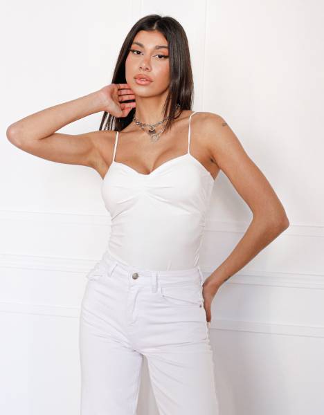 Spaghetti Straps Ruched Bodysuit - White