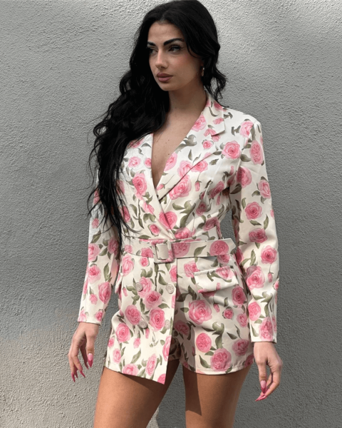 Floral Blazer Playsuit - White
