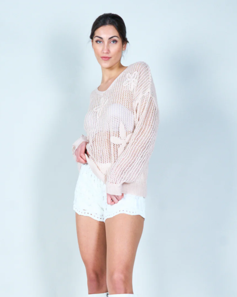 Open-Knit Floral Pullover Sweater - Beige