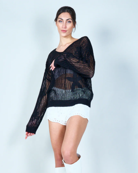 Open-Knit Floral Pullover Sweater - Black