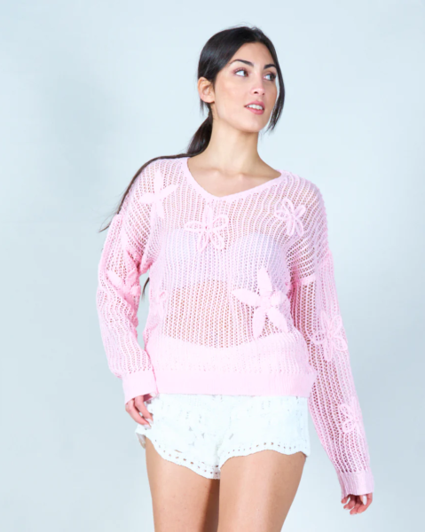 Open-Knit Floral Pullover Sweater - Pink